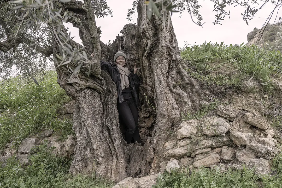 zait Gründerin, Tina Ottmann in einem hohlen Olivenbaum